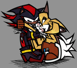 Size: 1582x1391 | Tagged: safe, artist:pinklapony_, miles "tails" prower, shadow the hedgehog, 2026, blushing, boots, brown gloves, brown shoes, cute, duo, fur markings, gay, gloves, grey background, holding each other, hugging, kiss, kiss on cheek, shadow x tails, shipping, simple background, smile, sweatdrop