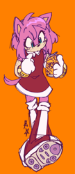 Size: 884x2048 | Tagged: safe, artist:battiegutz, amy rose, 2022, alternate version, amybetes, boots, colored version, cute, eyebrow clipping through hair, eyestrain, freckles, holding something, looking at something, orange background, pout, simple background, sketch, soda, solo, star (symbol), treads, walking