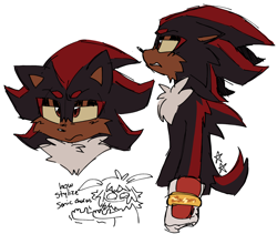 Size: 2048x1725 | Tagged: safe, artist:battiegutz, shadow the hedgehog, 2022, beanbrows, cheek fluff, chest fluff, clenched fist, dialogue, english text, front view, frown, headshot, looking offscreen, multiple views, side view, simple background, solo, standing, star (symbol), text, white background, yellow sclera