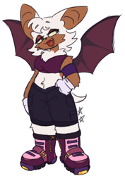 Size: 1452x2048 | Tagged: safe, artist:battiegutz, rouge the bat, 2023, alternate outfit, arm fluff, armband, boots, chest fluff, crop top, cute, eyebrow clipping through hair, eyelashes, flat colors, gloves, hand on hip, head tilt, heart, heart tongue, leg fluff, lidded eyes, looking offscreen, midriff, mouth open, one fang, redesign, rougabetes, shorts, shoulder fluff, simple background, smile, solo, spread wings, standing, stomach fluff, yellow sclera