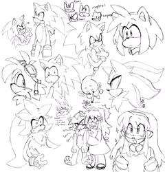 Size: 1966x2048 | Tagged: safe, artist:battiegutz, amy rose, maria robotnik, miles "tails" prower, shadow the hedgehog, silver the hedgehog, sonic the hedgehog, chao, human, 2023, alternate version, blushing, bug, carrying them, chest fluff, english text, eye clipping through hair, eye twitch, eyelashes, eyewear on head, flapping wings, flower, fly, frown, goggles, goggles on head, group, holding them, line art, literal animal, looking at viewer, looking offscreen, monochrome, neutral chao, shrunken pupils, simple background, sketch, sketch page, smile, sparkles, text, v sign, wall of tags, white background