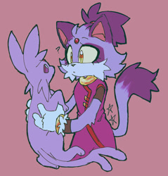 Size: 1955x2048 | Tagged: safe, artist:battiegutz, blaze the cat, cat, 2023, blazebetes, clothes, confused, cute, duo, espeon, eyelashes, female, flat colors, fur markings, holding them, looking at each other, pink background, pokemon, question mark, simple background, standing, star (symbol), yellow sclera