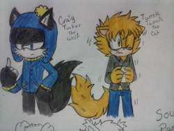 Size: 1024x768 | Tagged: safe, artist:idalyaoisonic1344, cat, wolf, 2015, barefoot, beanie, character name, clothes, coat, coffee, craig tucker, dark bags under eyes, duo, english text, eye twitch, frown, hat, holding something, lidded eyes, looking offscreen, messy hair, middle finger, mobianified, mug, one eye closed, pants, south park, standing, text, traditional media, tweek tweak, twitching