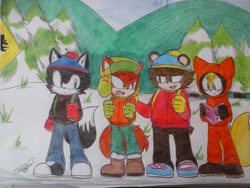 Size: 1024x768 | Tagged: safe, artist:idalyaoisonic1344, bear, cat, fox, wolf, 2015, angry, argument, backpack, barely sonic related, beanie, blushing, boots, bus stop, coat, cross popping vein, daytime, eric cartman, frown, gloves, grass, group, hat, hood up, kenny mccormick, kyle broflovski, looking at each other, looking at something, looking at them, magazine, mobianified, mountain, one fang, outdoors, pants, pine tree, road sign, shoes, sign, smile, snow, south park, stan marsh, standing, traditional media, tree, ushanka hat