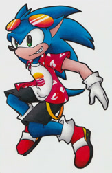 Size: 1024x1572 | Tagged: safe, artist:sassymelvin, sonic the hedgehog, hedgehog, 2021, alternate outfit, clothes, fully clothed, glasses, looking offscreen, male, shirt, shoes, shorts, simple background, smile, solo, summer, t-shirt, white background