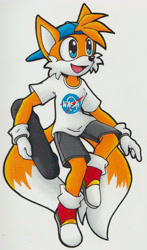 Size: 1024x1739 | Tagged: safe, artist:sassymelvin, miles "tails" prower, fox, 2021, alternate outfit, cap, clothes, fully clothed, glasses, happy, hat, holding something, looking offscreen, male, mouth open, nasa, open smile, shirt, shoes, shorts, simple background, skateboard, smile, solo, t-shirt, white background