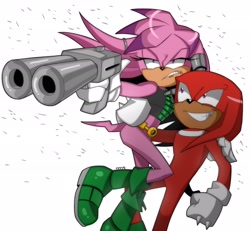 Size: 2048x1889 | Tagged: safe, artist:m4gicvick, jules hedgehog, knuckles the echidna, echidna, 2025, aiming, duo, female, holding something, julie-su x knuckles, looking offscreen, male, pistol, shipping, simple background, straight, weapon, white background