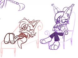 Size: 1271x956 | Tagged: safe, artist:doc_animator_n, fiona fox, nicole the hololynx, fox, lynx, 2026, alternate outfit, black and white, chair, clothes, colorless, duo, female, legs crossed, lying down, simple background, sitting, therapy, trauma, white background