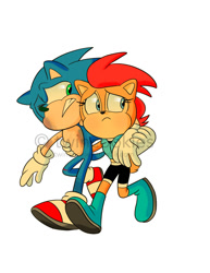 Size: 782x1012 | Tagged: safe, artist:twincubcakes, sonic the hedgehog, chipmunk, hedgehog, sonic forces, 2017, carrying them, duo, female, male, one eye closed, running, sally x sonic, sally's ringblader outfit, scar, shipping, simple background, straight, watermark, white background, wound