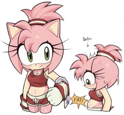 Size: 1323x1229 | Tagged: safe, artist:fucxlol, amy rose, blushing, ponytail, simple background, solo, sweat, weight gain, white background, workout outfit