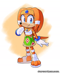 Size: 1532x1896 | Tagged: safe, artist:amipiyoart, artist:kyarathewolf, tikal, echidna, abstract background, female, looking at viewer, pose, smile, smiling at viewer, solo, standing