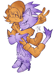 Size: 768x1024 | Tagged: safe, artist:zennx_23, blaze the cat, sally acorn, 2026, blaze x sally, carrying them, crack shipping, duo, lesbian, looking at viewer, meme, monochrome, shipping, signature, simple background, smile, tall lesbian, v sign, valentine's day, white background