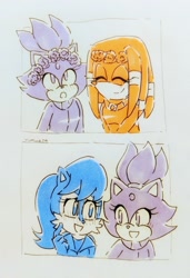 Size: 1280x1869 | Tagged: safe, artist:weeklyblazethecat, blaze the cat, sally acorn, tikal, 2018, blaze x sally, crack shipping, flower, flower crown, lesbian, monochrome, mouth open, rarepair, shipping, signature, smile, tikaze, traditional media, trio