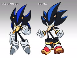 Size: 2048x1548 | Tagged: safe, artist:terminalrepo, oc, oc:seelkadoom the hedgehog, oc:sonow, hedgehog, 2025, character name, clenched fist, clenched fists, design comparison, duo, english text, flat colors, fusion, fusion:shadow, fusion:sonic, gloves, gradient background, grey shoes, hover skates, looking at viewer, shoes, smile, text