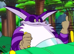 Size: 1098x801 | Tagged: safe, editor:flamez 137, big the cat, 2019, car, driving, edit, looking offscreen, middle finger, solo, team sonic racing overdrive, tree, vehicle
