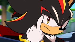 Size: 1200x675 | Tagged: safe, editor:flamez 137, shadow the hedgehog, 2019, car, driving, edit, frown, looking at viewer, middle finger, solo, team sonic racing overdrive, tree, vehicle