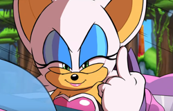 Size: 730x467 | Tagged: safe, editor:flamez 137, rouge the bat, 2019, car, driving, edit, looking at viewer, middle finger, smile, solo, squinting, team sonic racing overdrive, tree, vehicle