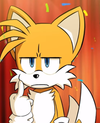 Size: 554x678 | Tagged: safe, editor:flamez 137, miles "tails" prower, 2019, confetti, edit, frown, lidded eyes, looking offscreen, middle finger, solo, standing, tails is not amused, team sonic racing overdrive, unamused