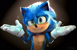 Size: 2048x1346 | Tagged: safe, artist:astrxchoi, sonic the hedgehog, sonic the hedgehog 3 (film), 2025, freckles, gradient background, lineless, looking at viewer, question mark, scar, shrugging, signature, smile, solo, star (symbol), top surgery scars, trans male, transgender