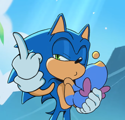 Size: 360x347 | Tagged: safe, editor:flamez 137, sonic the hedgehog, chao, 2019, carrying them, chao in space, clouds, duo, lidded eyes, looking offscreen, middle finger, neutral chao, one eye closed, pout, standing
