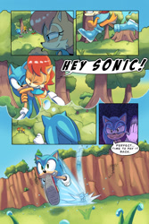 Size: 1366x2048 | Tagged: safe, artist:c0ngatime, artist:fliviartoon, antoine d'coolette, bunnie rabbot, knuckles the echidna, miles "tails" prower, sally acorn, sonic the hedgehog, chipmunk, coyote, echidna, fox, hedgehog, rabbit, 2024, bush, comic, daytime, dialogue, duo focus, english text, female, forest, group, happy, hugging, male, plant, running, sally x sonic, sally's vest and boots, shipping, speech bubble, straight, tree