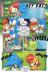 Size: 1366x2048 | Tagged: safe, artist:c0ngatime, artist:fliviartoon, sally acorn, sonic the hedgehog, chipmunk, hedgehog, 2024, bush, comic, daytime, dialogue, duo, english text, female, forest, hugging, laughing, lying down, male, plant, running, sally x sonic, sally's vest and boots, shipping, speech bubble, stopping, straight, tree