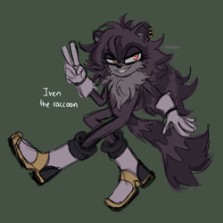 Size: 1280x1280 | Tagged: safe, artist:aruneko, oc, oc:iven the raccoon, raccoon, 2026, boots, character name, english text, genderfluid, green background, oc only, signature, simple background, smile, solo, solo genderfluid, text, v sign