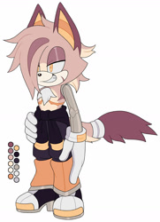 Size: 1280x1768 | Tagged: safe, artist:riptidethespaniel, oc, oc:hollow the dingo, dingo, 2025, boots, chest fluff, color palette, disabled, hair over one eye, hand on hip, jacket, jacket around waist, lidded eyes, male, oc only, prosthetic, scar, shorts, simple background, smile, solo, solo male, top surgery scars, topless, trans male, transgender, white background