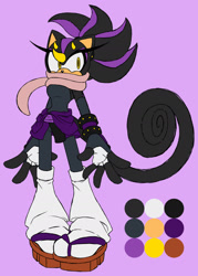 Size: 1280x1792 | Tagged: safe, artist:andithefennec, oc, hedgehog, hybrid, 2025, black fur, chameleon, clothes, color palette, eyelashes, female, fingerless gloves, flat colors, gloves, hair up, horns, jacket, jacket around waist, japanese clothes, leg warmers, looking offscreen, oc only, peach fur, ponytail, purple background, purple fur, sandals, scarf, simple background, solo, solo female, standing, tank top, yellow eyes