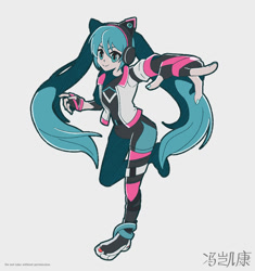 Size: 1880x2000 | Tagged: safe, artist:evan feng, human, 2025, barely sonic related, bodysuit, cel shaded, chinese text, crossover, fingerless gloves, gloves, hatsune miku, jacket, reaching out, riders outfit, riders style, shoes, signature, simple background, smile, solo, sonic racing crossworlds, standing, standing on one leg, style emulation, white background