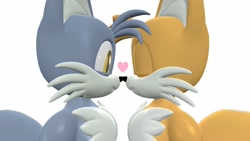 Size: 1920x1080 | Tagged: safe, artist:kabalmystic, artist:katfox, oc, oc:kat the fox, oc:sunny the fox, fox, 2025, 3d, cute, duo, duo male, eyes closed, heart, male, males only, nose boop, noses are touching, not tails, simple background, smile, white background, yellow eyes