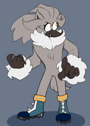 Size: 736x1028 | Tagged: safe, artist:bbgatile, silver the hedgehog, hedgehog, 2019, blue background, boots, chest fluff, claws, dark skin, eyelashes, flat colors, frown, looking offscreen, male, neck fluff, one fang, simple background, solo, solo male, spiked shoes, standing, stomach fluff, were form, werehog, wrist fluff