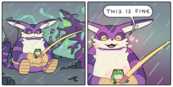 Size: 1280x644 | Tagged: safe, artist:l-loneybun, big the cat, chaos, froggy, cat, frog, sonic adventure, 2019, agender, bigabetes, border, daytime, dialogue, english text, fishing, fishing pole, froggybetes, holding something, holding them, male, meme, outdoors, panels, rain, smile, speech bubble, talking, tentacle, text, this is fine, treads, trio, water