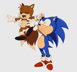 Size: 1455x1374 | Tagged: safe, artist:holidaymidi, miles "tails" prower, sonic the hedgehog, adventures of sonic the hedgehog, 2025, arms out, carrying them, cute, duo, duo male, eyes closed, grey background, lifting them, male, males only, mouth open, one fang, simple background, smile, sonabetes, standing, tailabetes, treads
