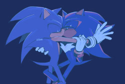Size: 2048x1381 | Tagged: safe, artist:12neonlit-stage, shadow the hedgehog, sonic the hedgehog, hedgehog, 2024, blue background, duo, eyes closed, gay, holding each other, kiss, male, shadow x sonic, shipping, simple background