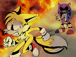 Size: 1280x965 | Tagged: safe, artist:dakotaelectro, miles "tails" prower, sonic the hedgehog, oc, oc:sonic.exe, fox, hedgehog, 2023, black sclera, bleeding, bleeding from eyes, blood, clenched teeth, duo, duo male, fire, floppy ears, frown, looking at each other, male, males only, pointing, running, scared, sharp teeth, shrunken pupils, smile, standing