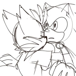 Size: 800x800 | Tagged: safe, artist:appleandcinnamon, miles "tails" prower, nine, sonic the hedgehog, 2026, duo, gay, hugging, line art, monochrome, nine x sonic, shipping, simple background, sketch, sonic x tails, white background