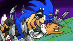 Size: 800x450 | Tagged: suggestive, artist:kuteun0, miles "tails" prower, nine, sonic the hedgehog, 2026, all fours, blushing, duo, gay, holding them, lidded eyes, looking at each other, lying down, musk cloud, nine x sonic, shipping, smile, sonic x tails