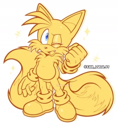 Size: 1480x1580 | Tagged: safe, artist:enn_luigi07, miles "tails" prower, 2026, clenched fist, monochrome, mouth open, one fang, signature, simple background, smile, solo, sparkles, spot color, standing, white background, wink