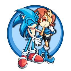 Size: 900x900 | Tagged: safe, artist:bellseashell, sally acorn, sonic the hedgehog, chipmunk, hedgehog, 2015, duo, eyes closed, female, holding hands, male, sally x sonic, sally's ringblader outfit, shipping, smile, snuggling, straight, valentine's day
