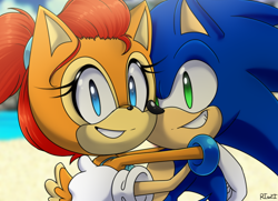 Size: 722x522 | Tagged: safe, artist:risziarts, sally acorn, sonic the hedgehog, chipmunk, hedgehog, 2020, alternate outfit, beach, daytime, duo, female, happy, hugging, looking at viewer, male, ringblader, sally x sonic, shipping, smile, straight, summer, swimsuit