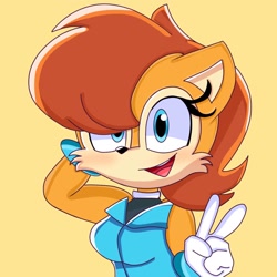 Size: 1280x1280 | Tagged: safe, artist:zer0shadiw, sally acorn, chipmunk, 2023, female, sally's ringblader outfit, simple background, smile, solo, v sign, yellow background