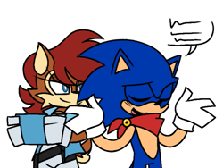 Size: 685x514 | Tagged: safe, artist:chocochurroz, sally acorn, sonic the hedgehog, chipmunk, hedgehog, 2026, alternate universe, duo, female, holding something, male, sally x sonic, scarf, shipping, shrugging, simple background, speech bubble, straight, tablet, talking, white background