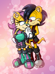 Size: 1008x1344 | Tagged: safe, artist:bellseashell, ash mongoose, mina mongoose, mongoose, 2017, ash x mina, duo, female, hugging, hugging from behind, male, mina x ash, redraw, shipping, straight