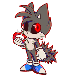 Size: 895x906 | Tagged: safe, artist:ray, miles "tails" prower, oc, oc:tails.exe, 2025, black sclera, blue shoes, chest fluff, clenched fist, friday night funkin, holding something, looking at viewer, no mouth, ocbetes, outline, ring, simple background, solo, sparkles, tailabetes, transparent background