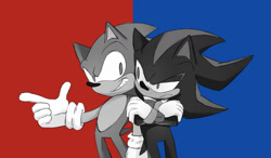 Size: 1280x750 | Tagged: safe, artist:killerboss2, shadow the hedgehog, sonic the hedgehog, hedgehog, 2026, arms folded, clenched teeth, duo, frown, greyscale, looking at each other, monochrome, pointing, simplistic background, smile, standing