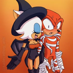 Size: 2160x2160 | Tagged: safe, artist:kadecathog_arts, knuckles the echidna, rouge the bat, bat, echidna, 2025, blushing, duo, female, halloween, knuxouge, male, shipping, simple background, straight, sweatdrop