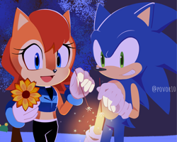 Size: 2048x1638 | Tagged: safe, artist:povor10, sally acorn, sonic the hedgehog, chipmunk, hedgehog, 2026, duo, female, fireworks, flower, happy, holding something, male, nighttime, sally x sonic, sally's ringblader outfit, shipping, straight