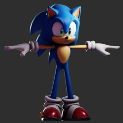 Size: 864x864 | Tagged: safe, artist:flyshyva, sonic the hedgehog, hedgehog, 2026, 3d, grey background, looking offscreen, male, simple background, smile, solo, standing, t-pose