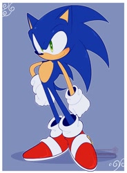 Size: 1511x2048 | Tagged: safe, artist:emistations, sonic the hedgehog, hedgehog, 2026, blue background, blushing, border, hand on hip, male, outline, shadow (lighting), signature, simple background, smile, solo
